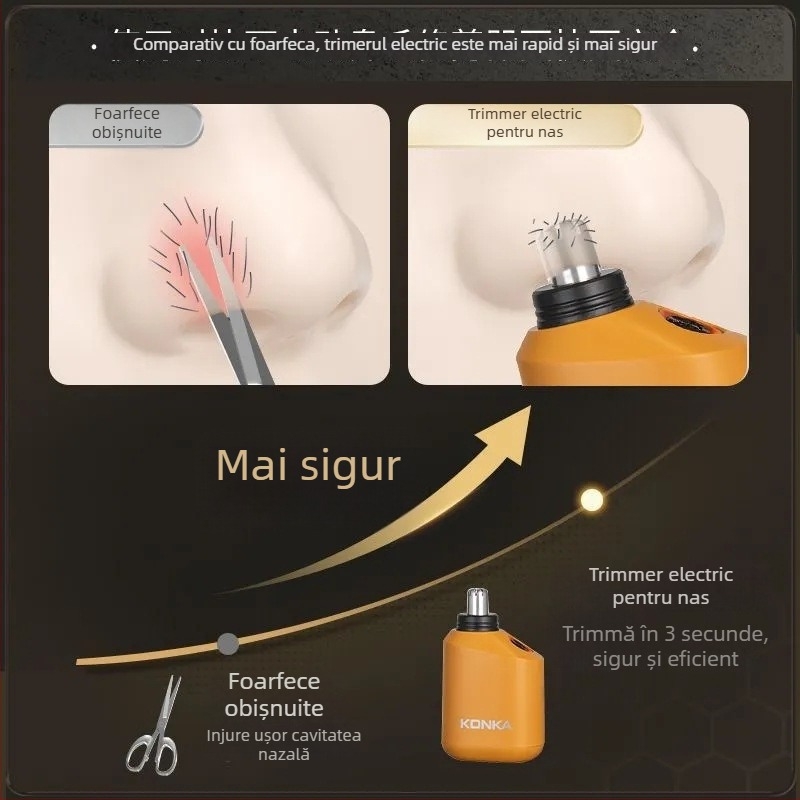 Trimer electric pentru nas cu baterie încorporată, 100–300 mAh, încărcare, autonomie peste 15 zile, cap de tăiere detașabil pentru curățare