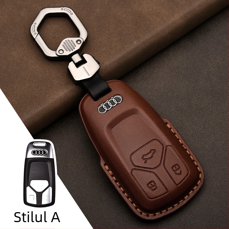 Husă cheie auto din piele de vită top-grain pentru Audi, piele prelucrată prin presare la cald, acoperire completă, stil business, personalizare disponibilă