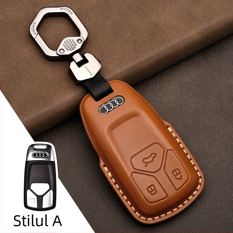Husă cheie auto din piele de vită top-grain pentru Audi, piele prelucrată prin presare la cald, acoperire completă, stil business, personalizare disponibilă