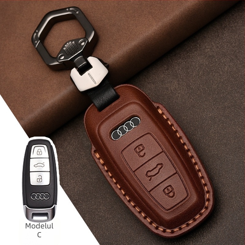 Husă cheie auto din piele de vită top-grain pentru Audi, piele prelucrată prin presare la cald, acoperire completă, stil business, personalizare disponibilă