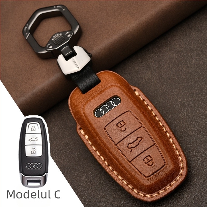 Husă cheie auto din piele de vită top-grain pentru Audi, piele prelucrată prin presare la cald, acoperire completă, stil business, personalizare disponibilă