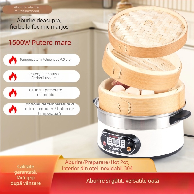 Aburitor electric cu vas interior din oțel inoxidabil, 1500 W, un singur nivel, pentru 4–5 persoane, încălzire 6–10 minute