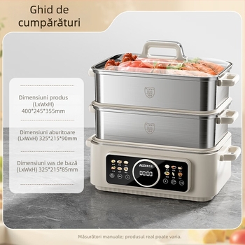 Cuptor cu aburi electric, trei etaje, oțel inoxidabil 304, capacitate peste 10 L, control mecanic, gătire la aburi, fierbere și înăbuire