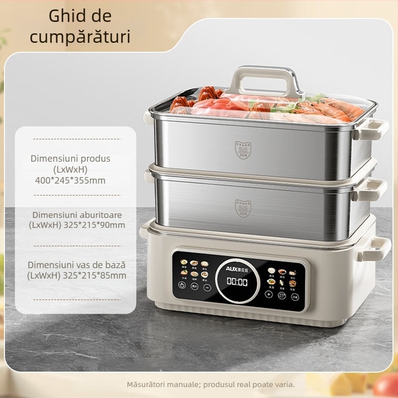 Cuptor cu aburi electric, trei etaje, oțel inoxidabil 304, capacitate peste 10 L, control mecanic, gătire la aburi, fierbere și înăbuire