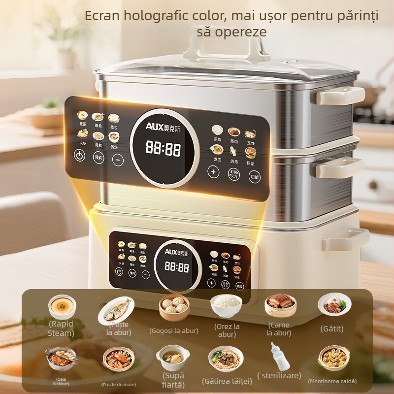 Cuptor cu aburi electric, trei etaje, oțel inoxidabil 304, capacitate peste 10 L, control mecanic, gătire la aburi, fierbere și înăbuire