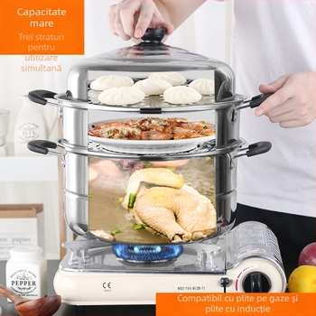 Trei niveluri de gătit la abur din oțel inox, capac din oțel, 410 oțel inoxidabil, compatibil cu inducția