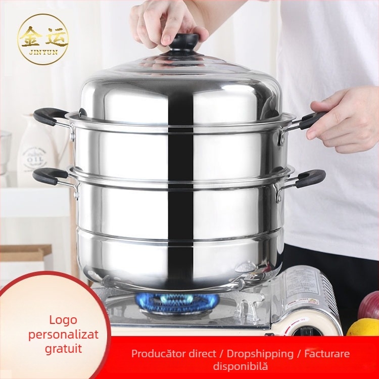 Trei niveluri de gătit la abur din oțel inox, capac din oțel, 410 oțel inoxidabil, compatibil cu inducția