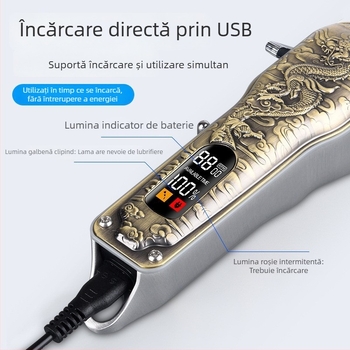 Mașină de tuns electrica, reîncărcabilă, cu cap de tăiere detașabil și lavabil; lame din oțel inoxidabil; motor cu perii; baterie încorporată 1200–2000 mAh