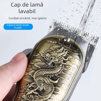 Mașină de tuns electrica, reîncărcabilă, cu cap de tăiere detașabil și lavabil; lame din oțel inoxidabil; motor cu perii; baterie încorporată 1200–2000 mAh