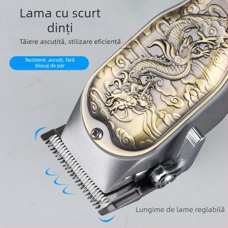 Mașină de tuns electrica, reîncărcabilă, cu cap de tăiere detașabil și lavabil; lame din oțel inoxidabil; motor cu perii; baterie încorporată 1200–2000 mAh