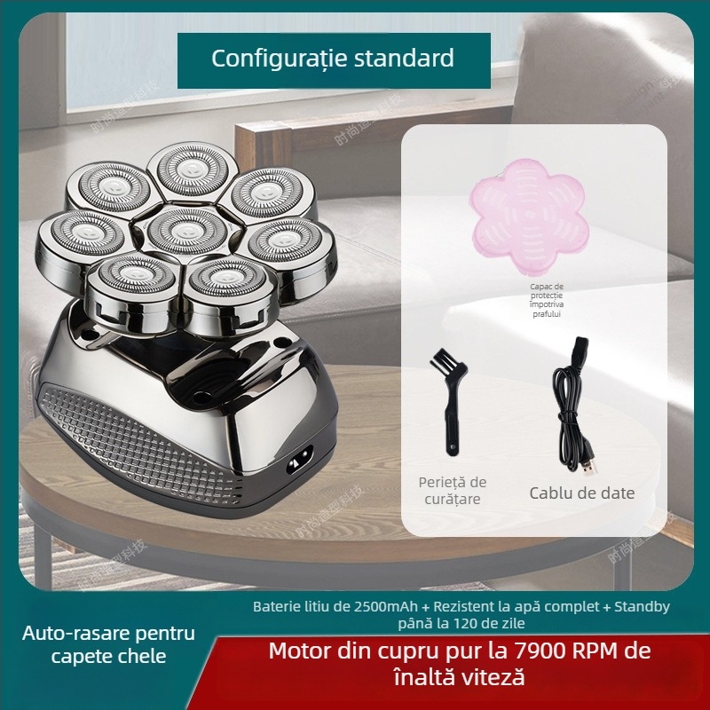 Aparat de ras electric pentru cap chel, autonomie baterie 60+ minute, alimentare duală (încărcare/plug-in), motor cu peri, baterie 6000 mAh+ înlocuibilă