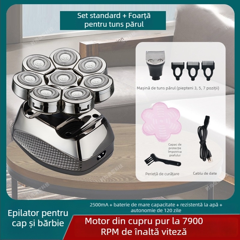 Aparat de ras electric pentru cap chel, autonomie baterie 60+ minute, alimentare duală (încărcare/plug-in), motor cu peri, baterie 6000 mAh+ înlocuibilă