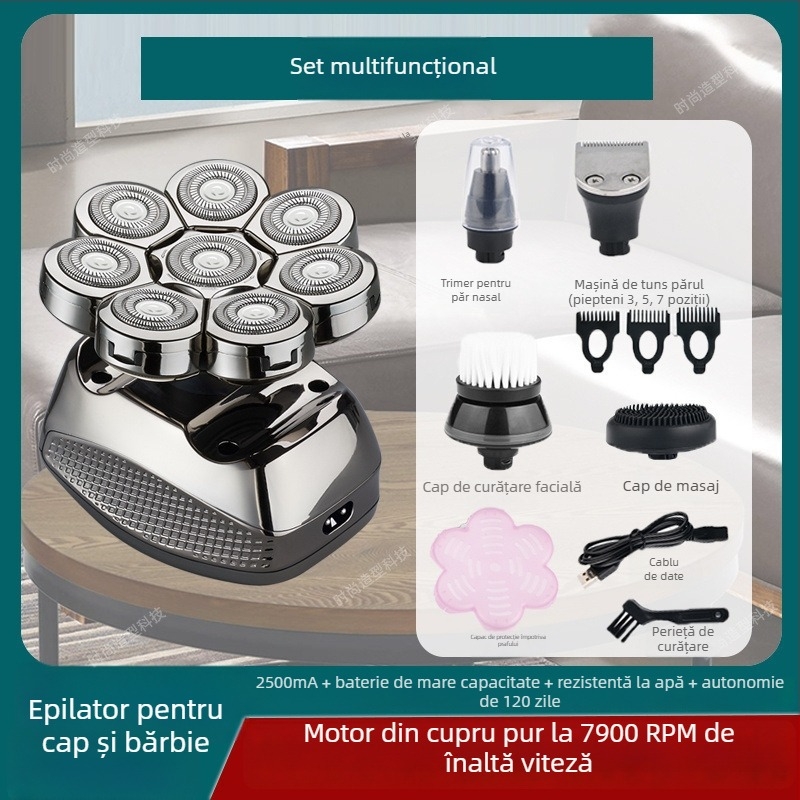 Aparat de ras electric pentru cap chel, autonomie baterie 60+ minute, alimentare duală (încărcare/plug-in), motor cu peri, baterie 6000 mAh+ înlocuibilă