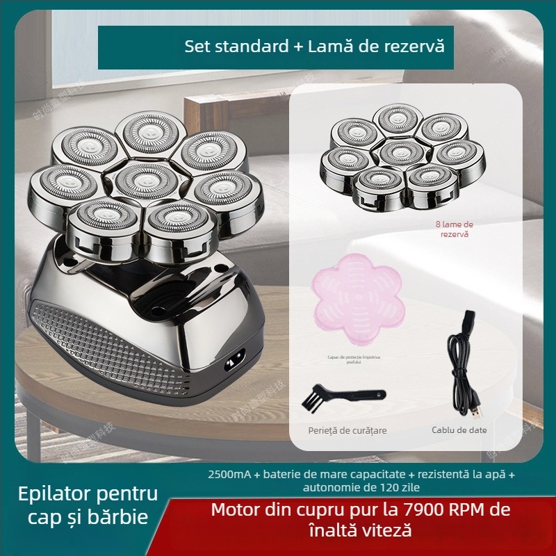 Aparat de ras electric pentru cap chel, autonomie baterie 60+ minute, alimentare duală (încărcare/plug-in), motor cu peri, baterie 6000 mAh+ înlocuibilă