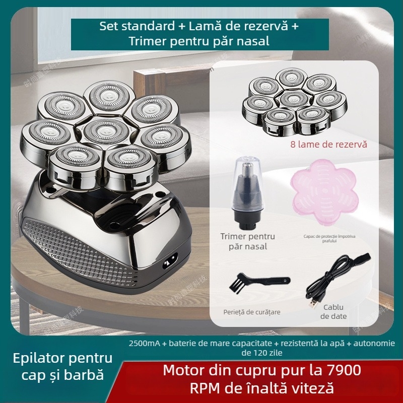 Aparat de ras electric pentru cap chel, autonomie baterie 60+ minute, alimentare duală (încărcare/plug-in), motor cu peri, baterie 6000 mAh+ înlocuibilă