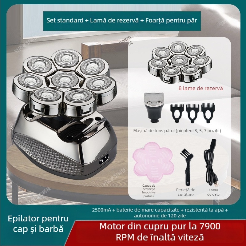 Aparat de ras electric pentru cap chel, autonomie baterie 60+ minute, alimentare duală (încărcare/plug-in), motor cu peri, baterie 6000 mAh+ înlocuibilă