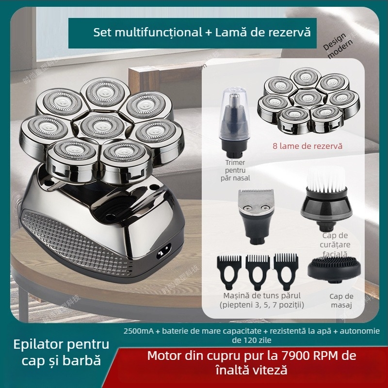 Aparat de ras electric pentru cap chel, autonomie baterie 60+ minute, alimentare duală (încărcare/plug-in), motor cu peri, baterie 6000 mAh+ înlocuibilă