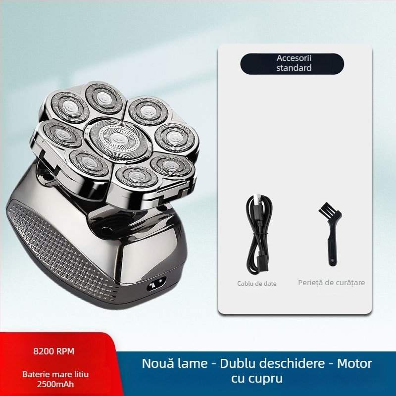 Aparat de ras electric pentru cap chel, autonomie baterie 60+ minute, alimentare duală (încărcare/plug-in), motor cu peri, baterie 6000 mAh+ înlocuibilă