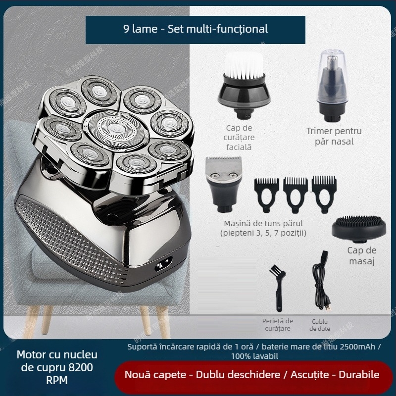 Aparat de ras electric pentru cap chel, autonomie baterie 60+ minute, alimentare duală (încărcare/plug-in), motor cu peri, baterie 6000 mAh+ înlocuibilă