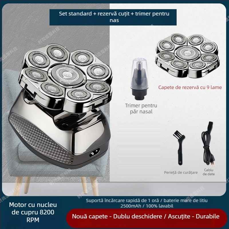 Aparat de ras electric pentru cap chel, autonomie baterie 60+ minute, alimentare duală (încărcare/plug-in), motor cu peri, baterie 6000 mAh+ înlocuibilă
