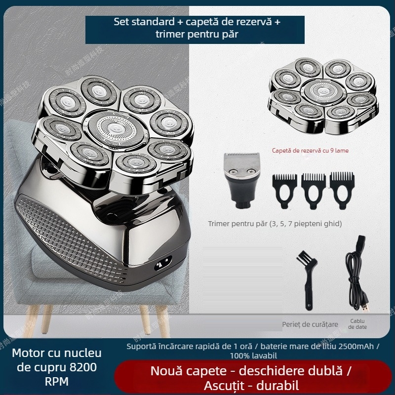 Aparat de ras electric pentru cap chel, autonomie baterie 60+ minute, alimentare duală (încărcare/plug-in), motor cu peri, baterie 6000 mAh+ înlocuibilă