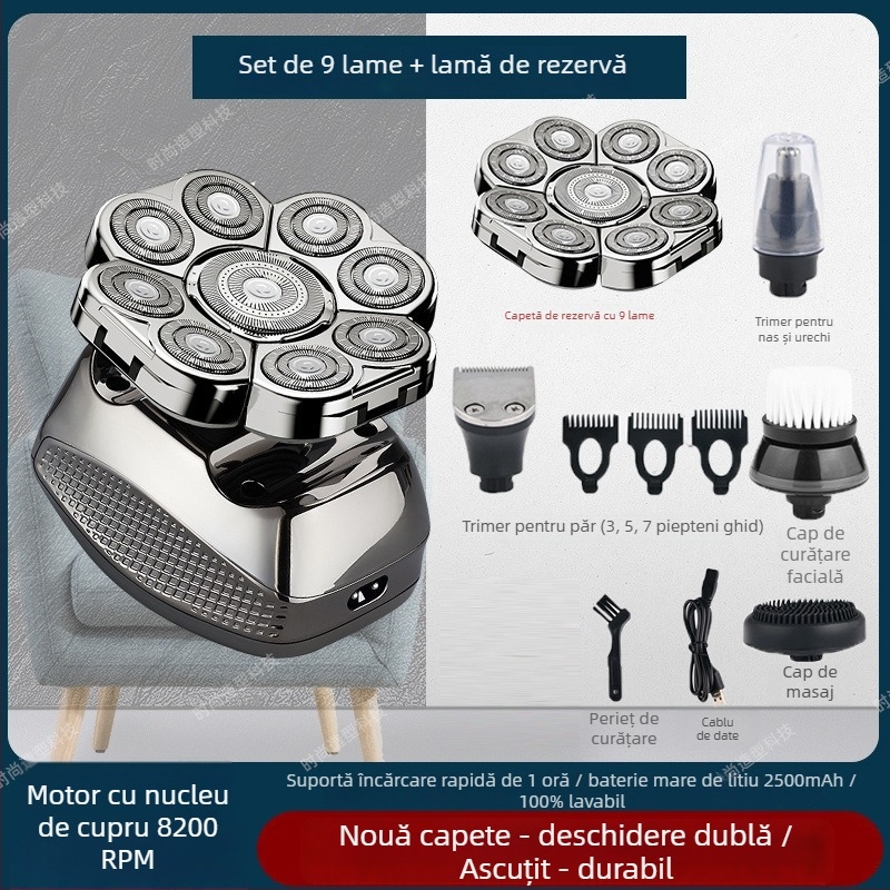 Aparat de ras electric pentru cap chel, autonomie baterie 60+ minute, alimentare duală (încărcare/plug-in), motor cu peri, baterie 6000 mAh+ înlocuibilă