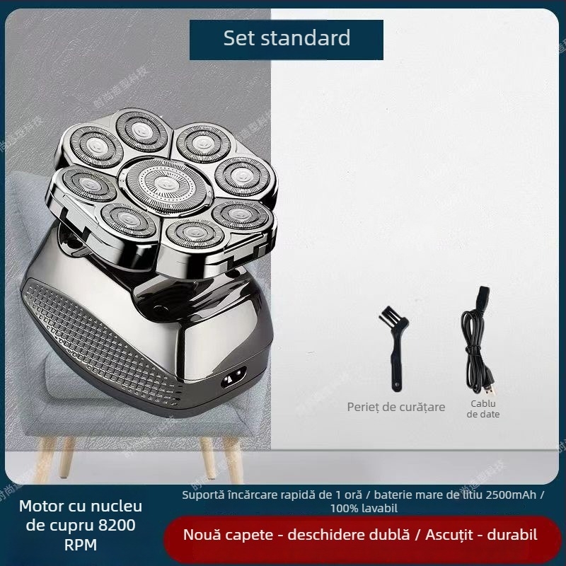 Aparat de ras electric pentru cap chel, autonomie baterie 60+ minute, alimentare duală (încărcare/plug-in), motor cu peri, baterie 6000 mAh+ înlocuibilă