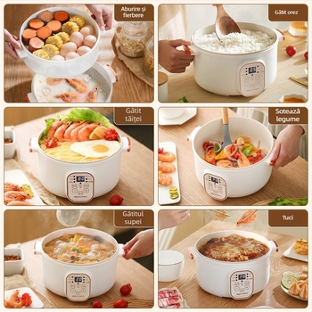 Oală electrică de gătit cu abur și funcții multiple – 600 W, 1.8 L, pentru 1–2 porții, funcție anti-uscare
