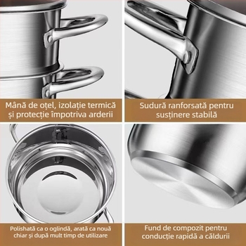 Oală pentru aburi cu două etaje, din oțel inoxidabil 410, capac de sticlă, adânime 12 cm, potrivită pentru plită obișnuită