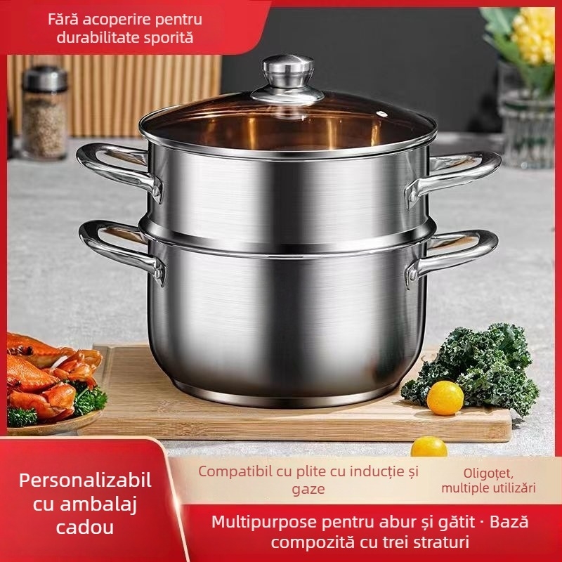 Oală pentru aburi cu două etaje, din oțel inoxidabil 410, capac de sticlă, adânime 12 cm, potrivită pentru plită obișnuită