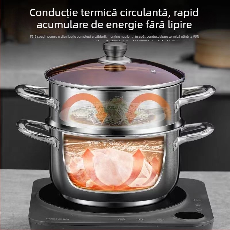 Oală pentru aburi cu două etaje, din oțel inoxidabil 410, capac de sticlă, adânime 12 cm, potrivită pentru plită obișnuită