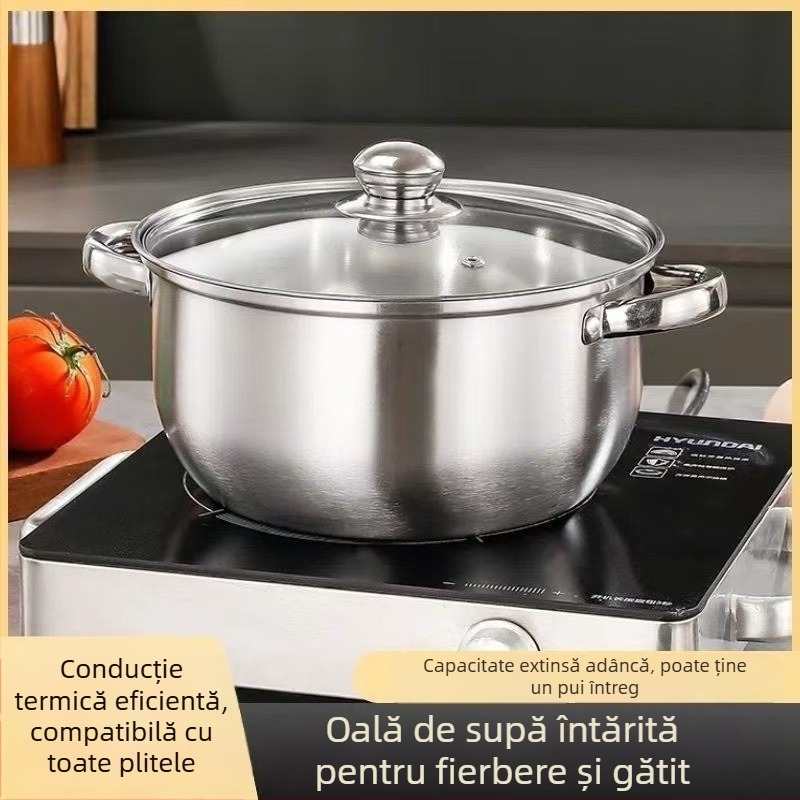 Oală pentru aburi cu două etaje, din oțel inoxidabil 410, capac de sticlă, adânime 12 cm, potrivită pentru plită obișnuită