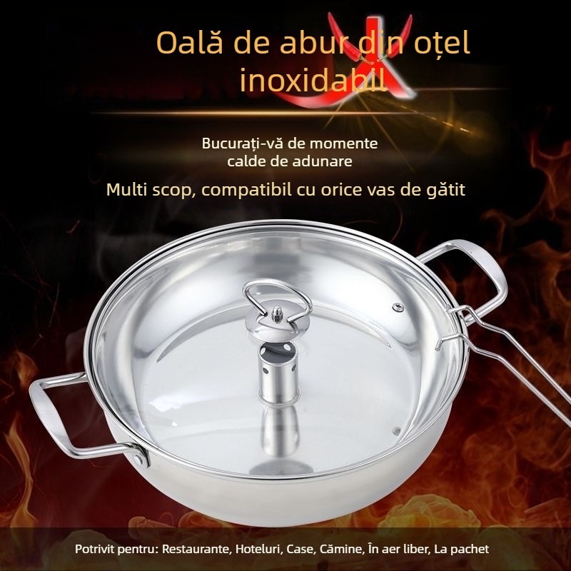 Vas de aburi pentru fructe de mare, cu fund dublu, din oțel inoxidabil 201, un singur nivel, compatibil cu plite pe gaz și inducție