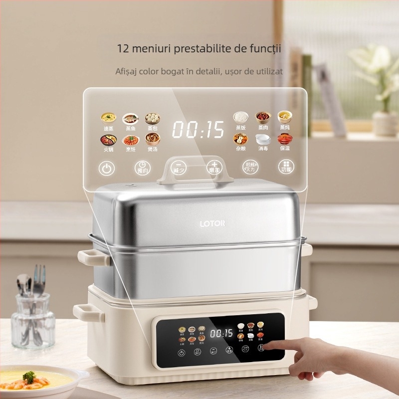 Aburitor electric cu trei nivele, capacitate peste 10 litri, vas interior din oțel inoxidabil 304, control prin microcomputer, 1500W la 220V 50Hz