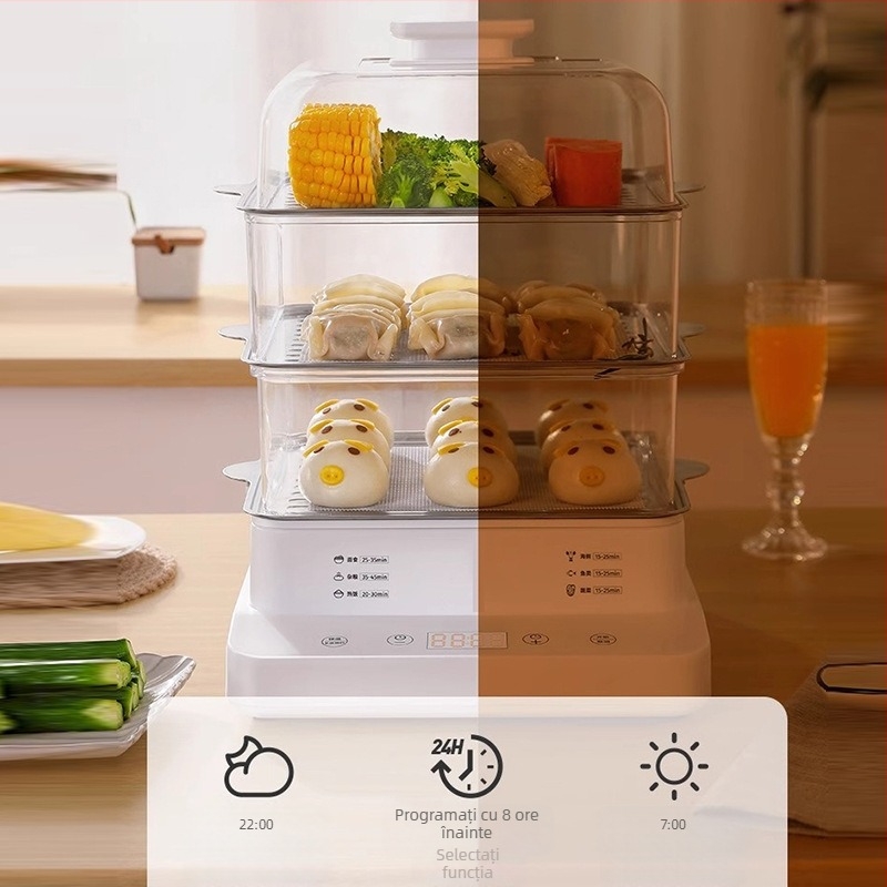 Gătitor cu aburi electric, trei niveluri, capacitate 10 L+, control programabil, 800W, 220/110V, revestire internă SUS304
