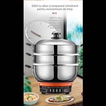 Oală electrică multifuncțională cu abur, corp din oțel inoxidabil, capacitate 5–6 L, putere 500–2100 W, control cu buton, protecție împotriva uscării
