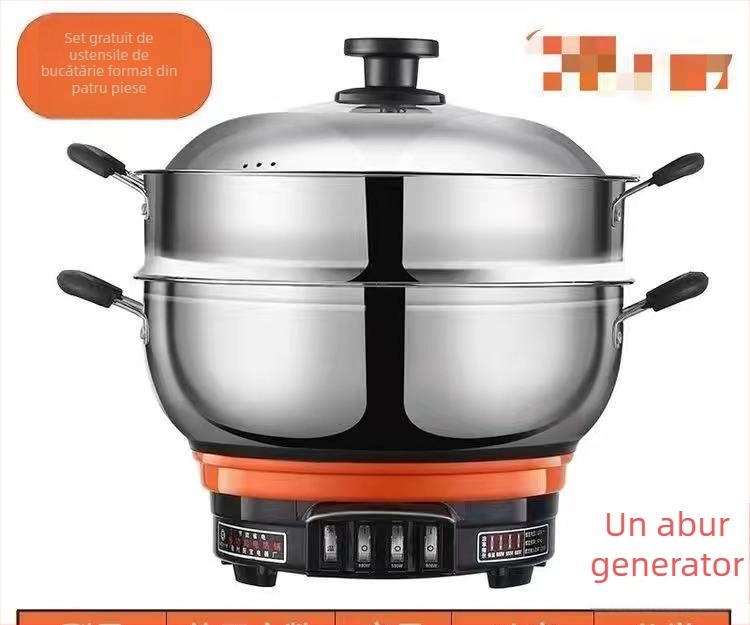 Oală electrică multifuncțională cu abur, corp din oțel inoxidabil, capacitate 5–6 L, putere 500–2100 W, control cu buton, protecție împotriva uscării