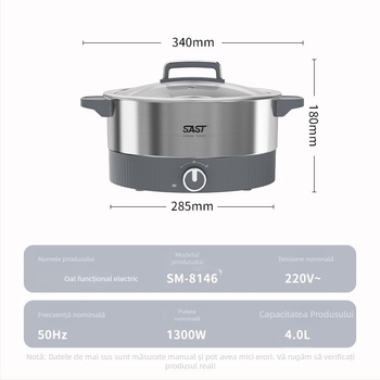 Oală electrică pentru gătit, 4–5 L, oțel inoxidabil, 1201–1500 W, funcții: prăjire, gătire, fierbere, înăbuire