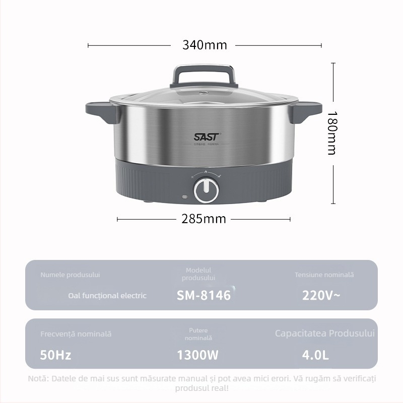 Oală electrică pentru gătit, 4–5 L, oțel inoxidabil, 1201–1500 W, funcții: prăjire, gătire, fierbere, înăbuire