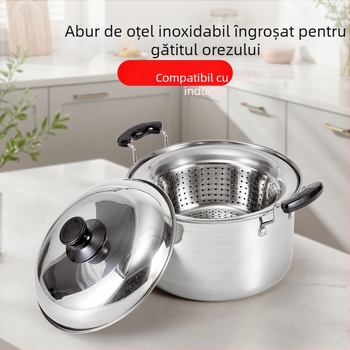 Vas de aburi din oțel inoxidabil – calitate alimentară, capacitate mare, multifuncțional pentru orez, terci și supă; bază cu un singur fund, capac din oțel inoxidabil, fără curent electric, compatibil cu toate plitele