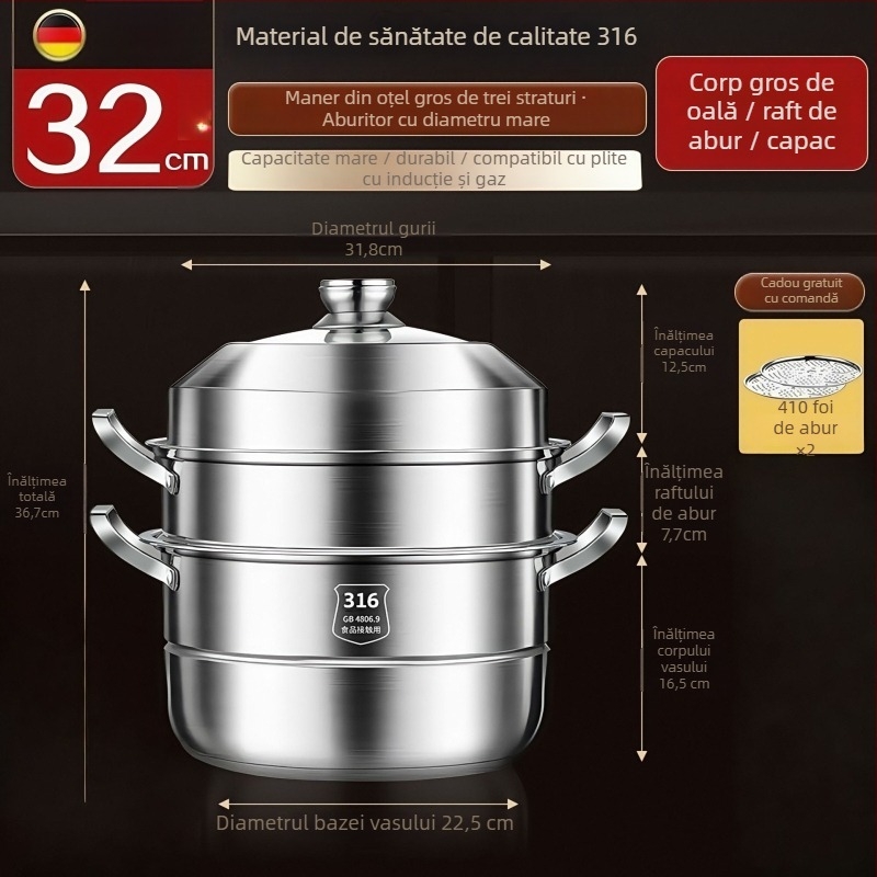 Aburitor din oțel inoxidabil 316, două niveluri, capac din sticlă, cu strat antiaderent, potrivit pentru plitele cu inducție