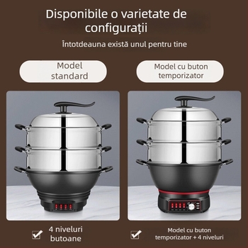 Wok electric cu vas antiaderent – multifuncțional pentru aburi, prăjit, gătit și fiert; vas interior din porțelan cristal, corp din sticlă borosilicat, 1500W+