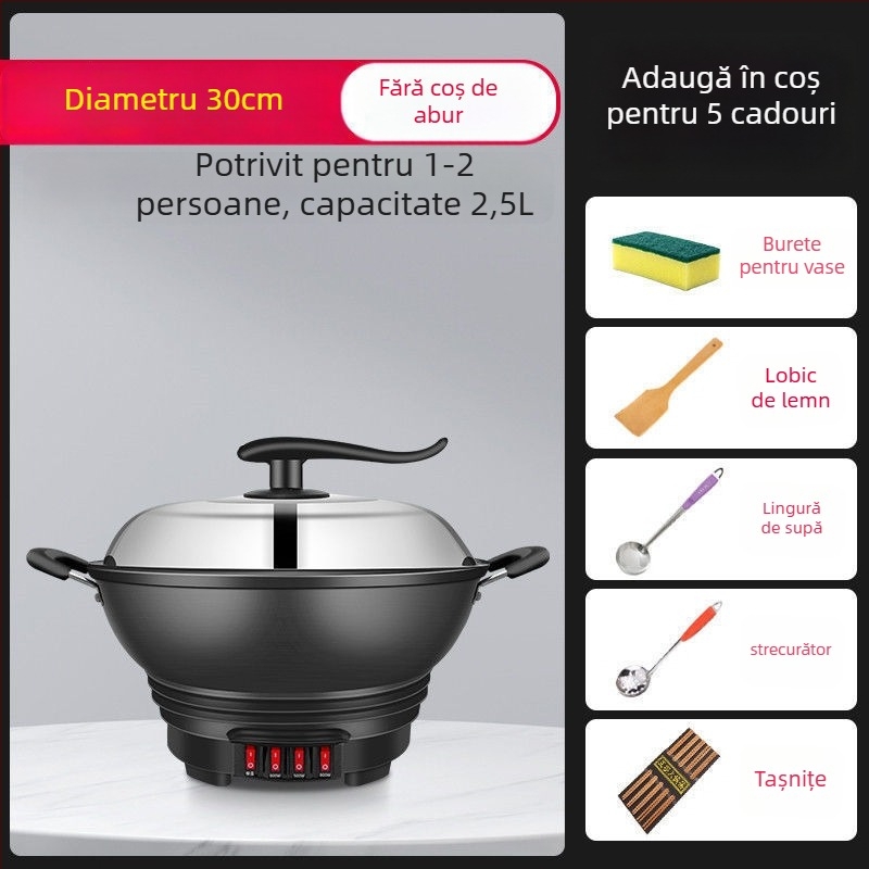 Wok electric cu vas antiaderent – multifuncțional pentru aburi, prăjit, gătit și fiert; vas interior din porțelan cristal, corp din sticlă borosilicat, 1500W+