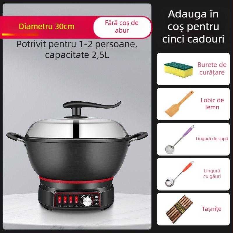 Wok electric cu vas antiaderent – multifuncțional pentru aburi, prăjit, gătit și fiert; vas interior din porțelan cristal, corp din sticlă borosilicat, 1500W+