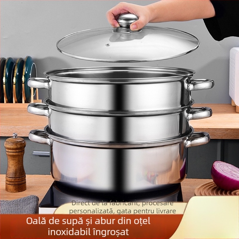 Aburitor din oțel inoxidabil 400-series, 4 niveluri, capac din sticlă, bază cu un singur fund