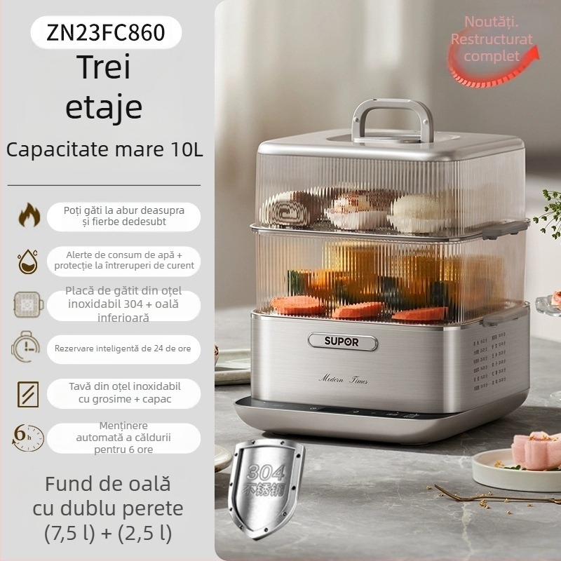 Supor gătitor electric cu aburi, trei niveluri, oțel inoxidabil, capacitate 10 L+, control tactil