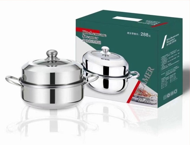 Oală de aburi din oțel inoxidabil, 2 niveluri, capac din sticlă, fund unic, posibilitate de personalizare a procesării