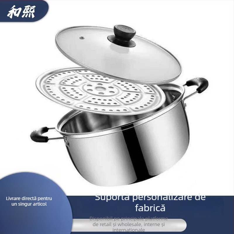 HX-022 Oală de abur din oțel inoxidabil 201, fund unic, capac din sticlă, potrivită pentru gătit la gaz și inducție