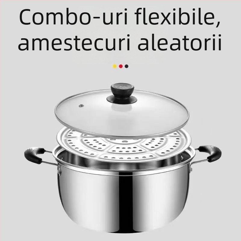 HX-022 Oală de abur din oțel inoxidabil 201, fund unic, capac din sticlă, potrivită pentru gătit la gaz și inducție