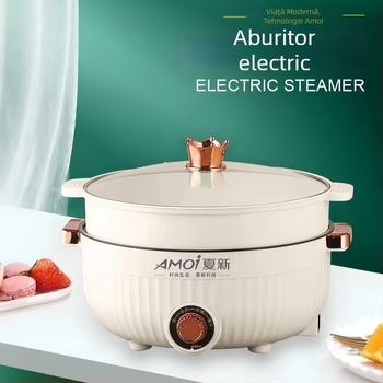Oală electrică de gătit – Multifuncțional: abur, fierbere, gătire, prăjit; design cu două niveluri; interior antiaderent; putere ≤800W; potrivit pentru 2–3 porții; control mecanic